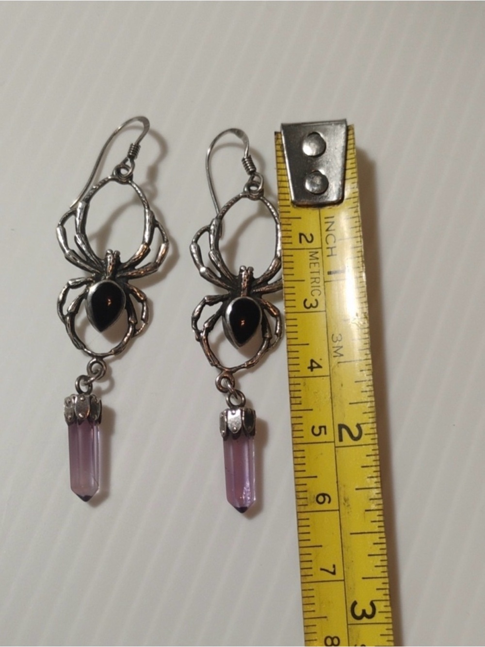 Sterling Silver 925 Onyx & Amethyst 2” Drop Spider Earrings Handcrafted - Picture 3 of 5